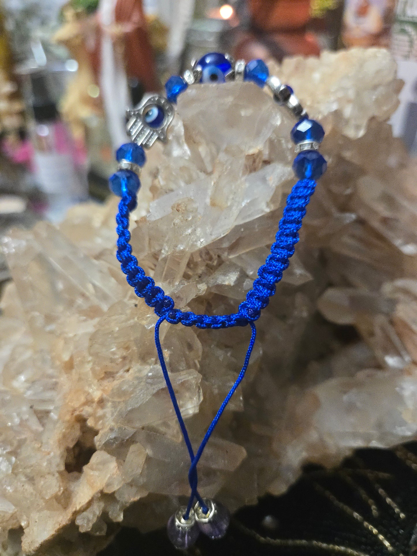 Blue Evil Eye Bracelet with Double Hamza Charms | Adjustable Drawstring Protection Bracelet