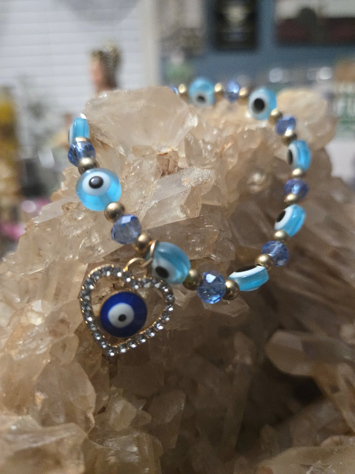Light Blue Turquoise Evil Eye Bracelet with Gold Heart Charm – Protection & Love