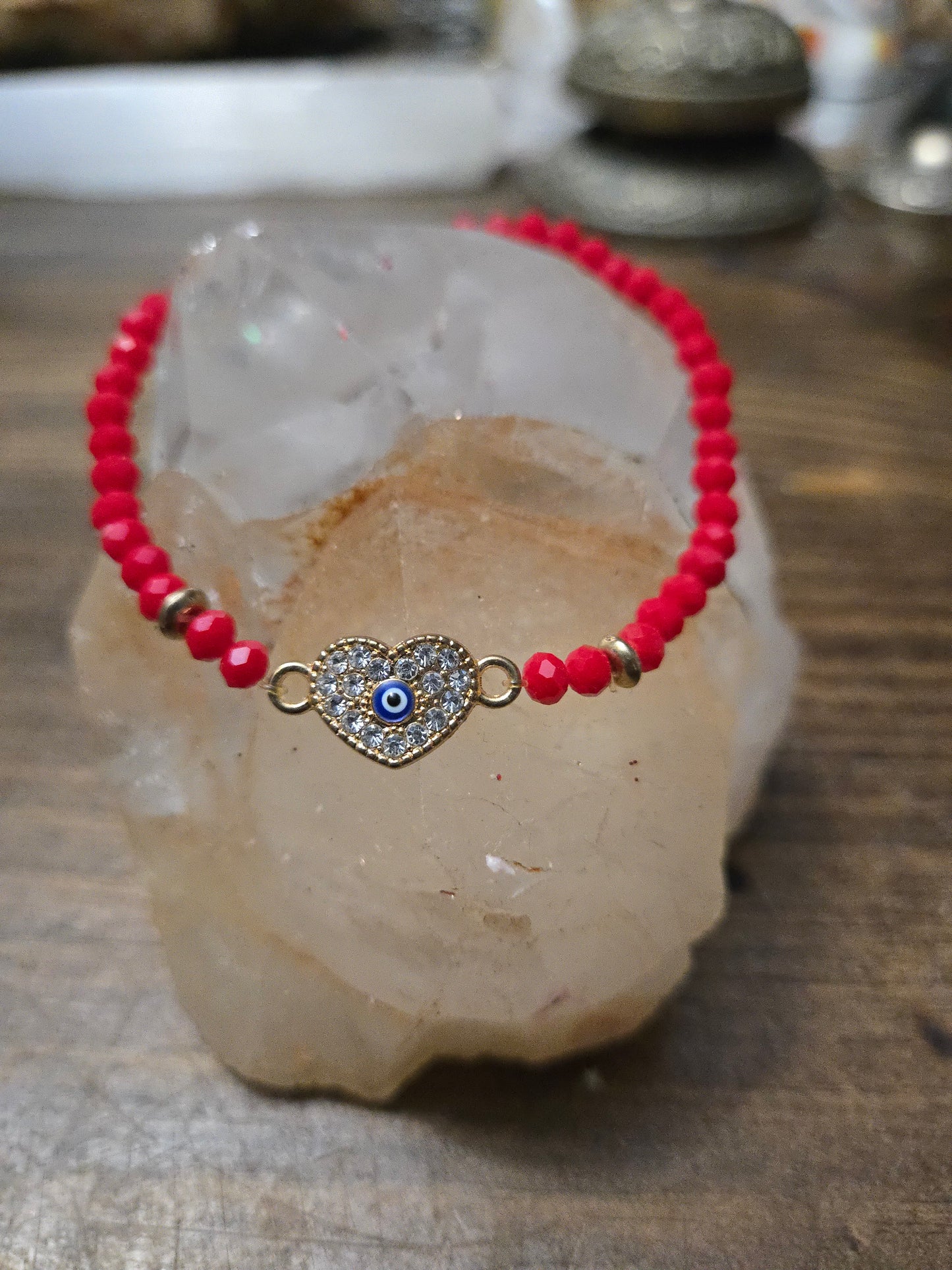 Red Beaded Bracelet with Gold Heart, Rhinestones & Evil Eye