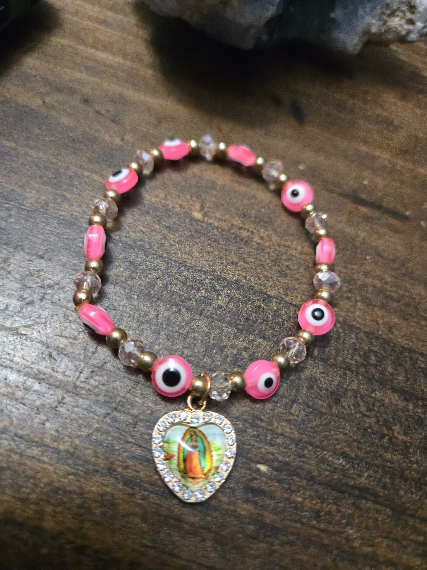 Protective Spiritual Bracelet – Pink Evil Eye & Mother Mary Heart Charm