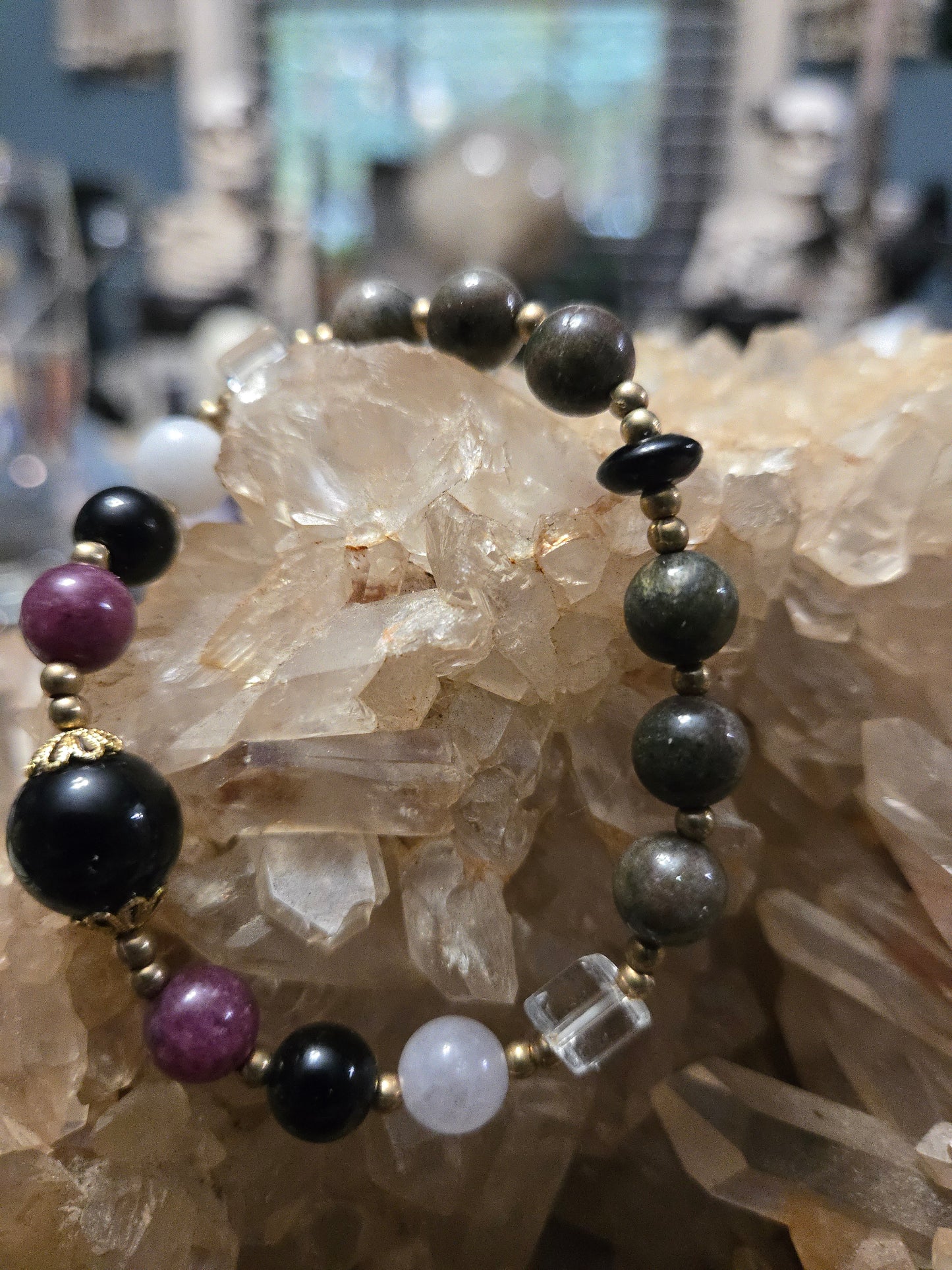 Black Obsidian and Kunzite Crystal Bracelet| Protection| Peace| Grounding| Gem Stone