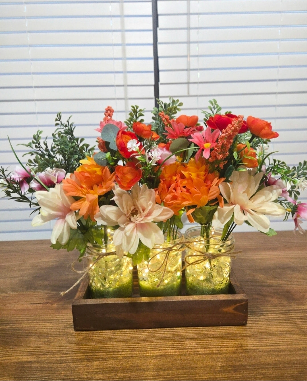 Mason jar planters with floral arrangement and fairy lights - custom order