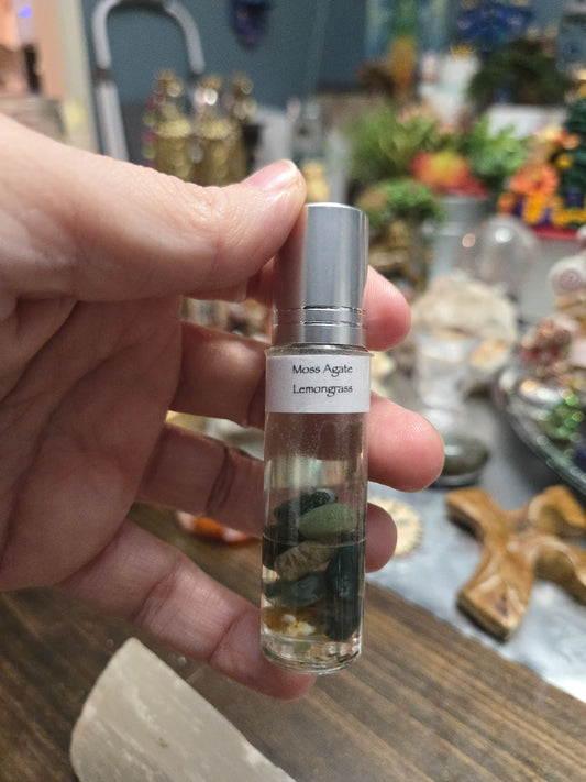 Grounding| Emotional Balance|Heart Chakra|Purify| Focus| Transform Negative to Postive Energy| Moss Agate Crystal and Lemongrass Essential Oil Roller