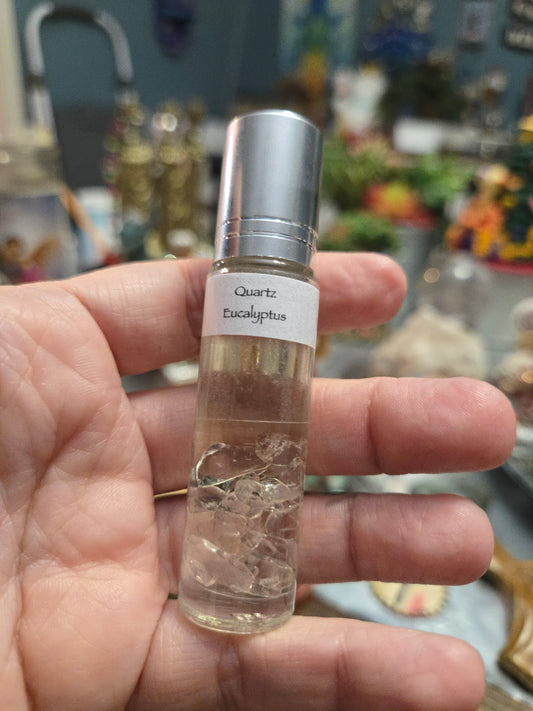 Focus| Calm| Clarity| Meditation| Quartz Crystal and Eucalyptus Essential Oil Roller