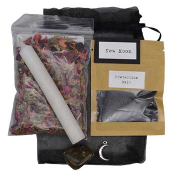 A pouch filled with supplies for your next New Moon ritual. The New Moon, also known as the dark moon, is a time of the month for manifesting and setting your intentions for the months ahead. Here is the perfect kit to help you create your own unique New