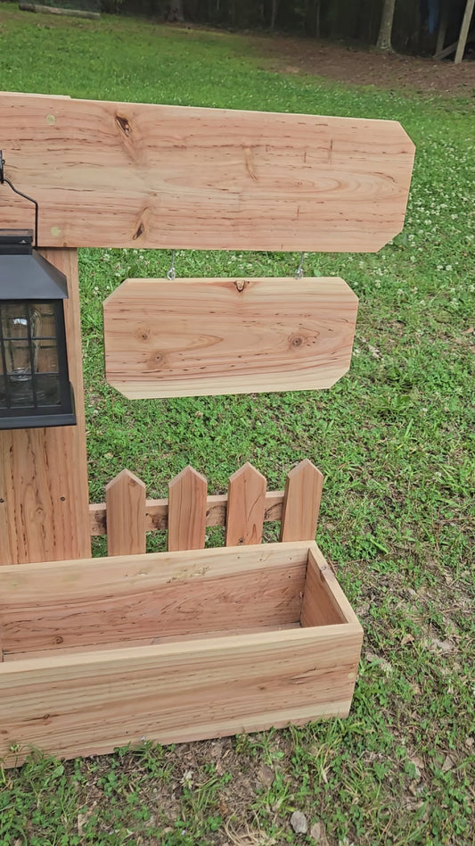 Welcome sign picket fence Planter boxes with solar lantern |handcrafted cedar wood| Wooden home garden patio porch decor