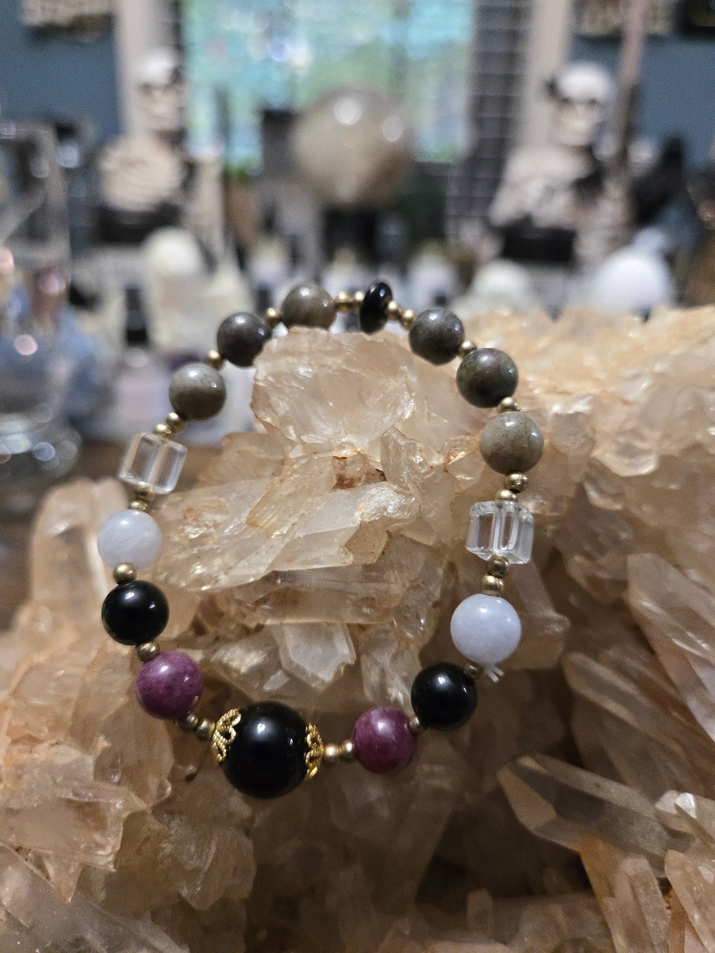 Black Obsidian and Kunzite Crystal Bracelet| Protection| Peace| Grounding| Gem Stone
