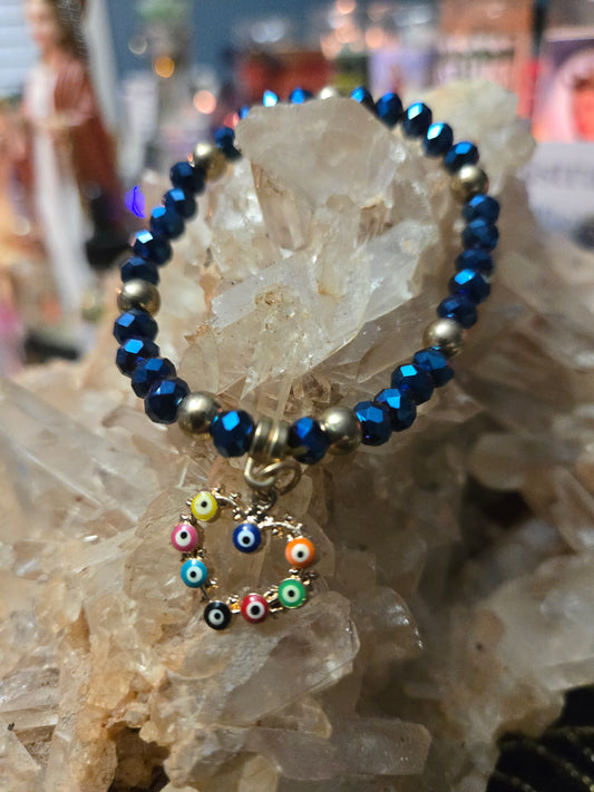 Dark Navy Blue Bracelet with Gold Heart & Multicolor Evil Eyes – Protection & Love