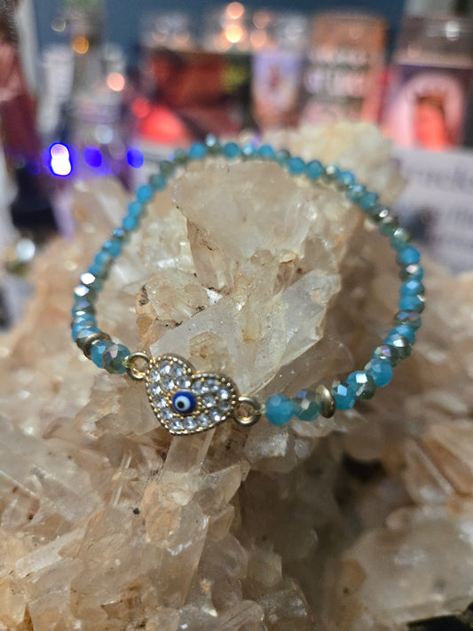 Blue Beaded Bracelet with Gold Rhinestone Heart & Blue Evil Eye – Protection & Love