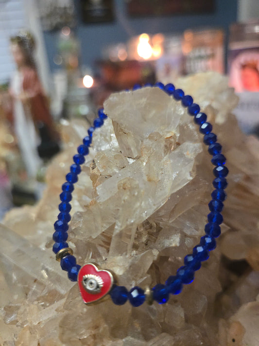 Blue Beaded Evil Eye Bracelet with Red Heart Charm | Protection & Energy Bracelet