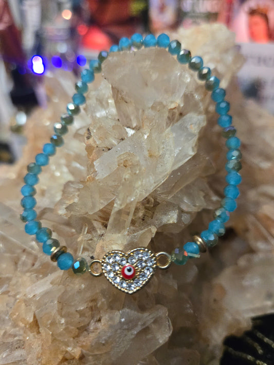Blue Beaded Bracelet with Gold Rhinestone Heart & Red Evil Eye – Protection & Love
