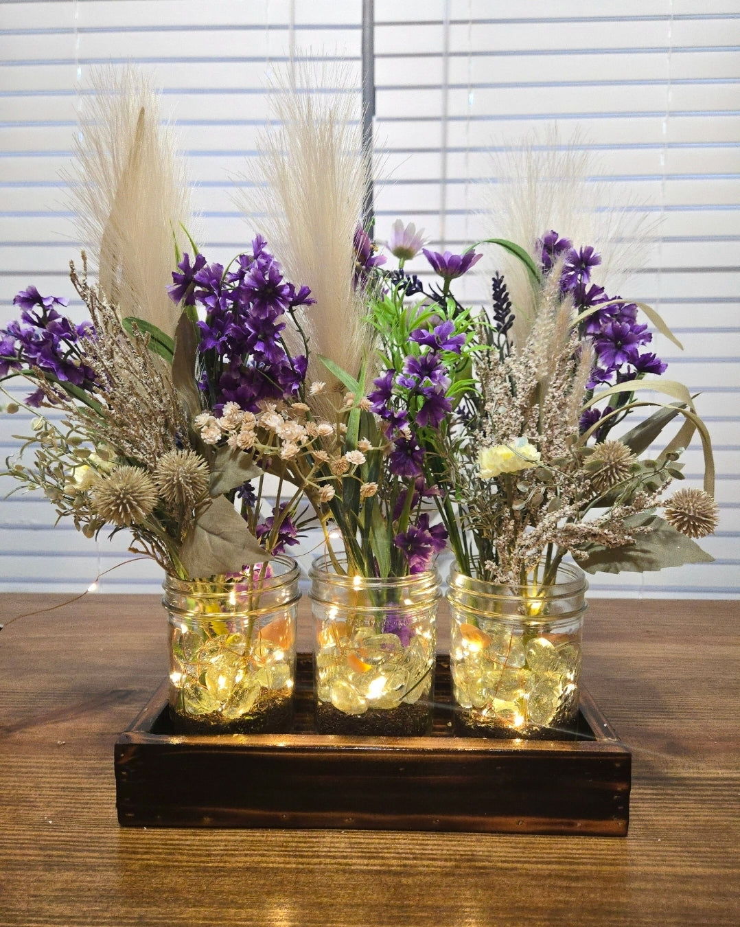 Mason jar planters with floral arrangement and fairy lights - custom order