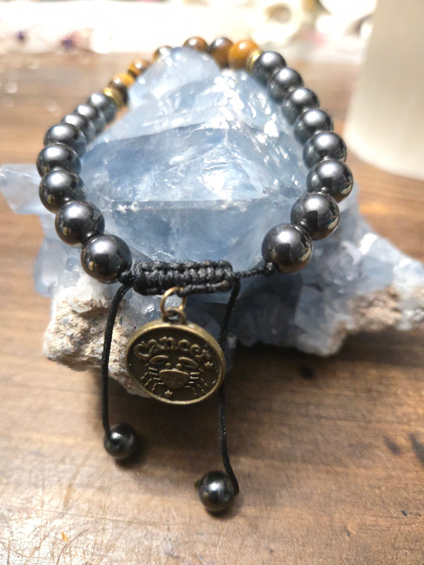 Cancer Zodiac Charm Bracelet – Hematite & Tiger’s Eye for Emotional Strength, Protection & Intuition