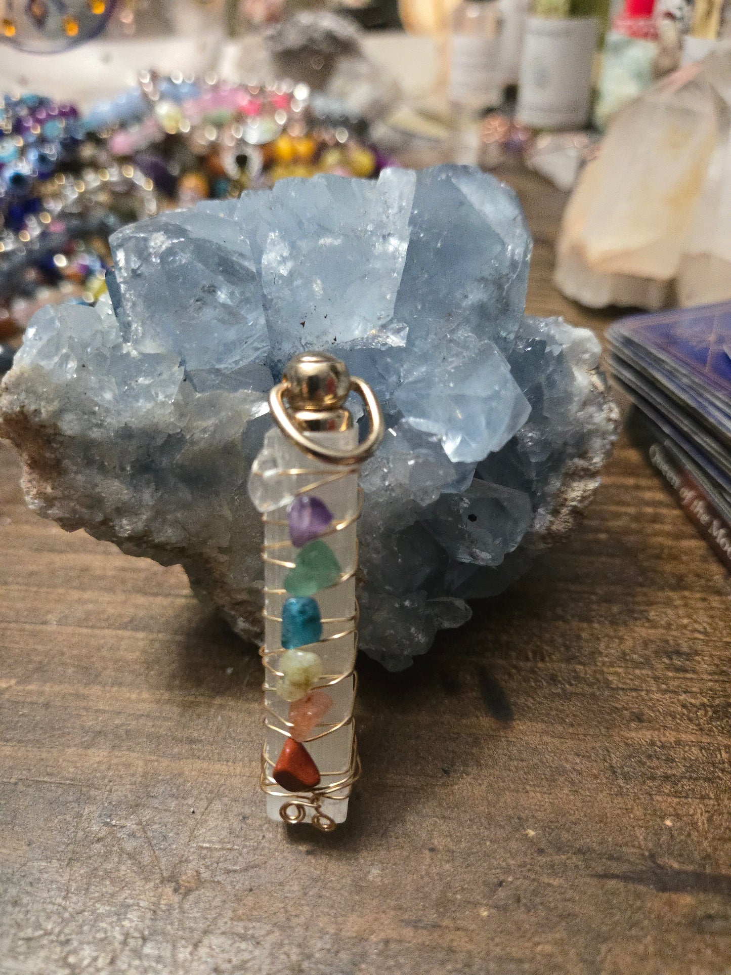 Selenite Wand Wrapped Wire and Chakra Crystal