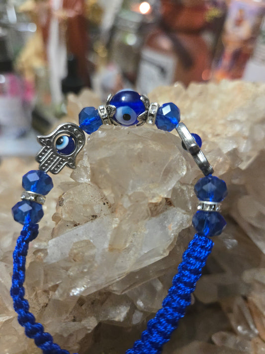 Blue Evil Eye Bracelet with Double Hamza Charms | Adjustable Drawstring Protection Bracelet