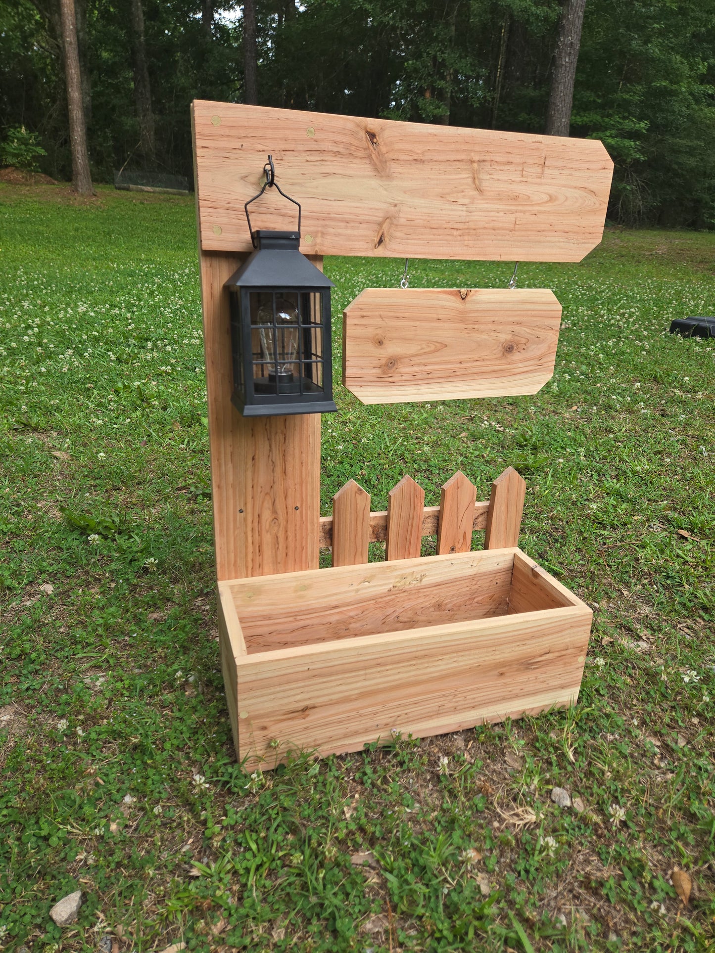 Welcome sign picket fence Planter boxes with solar lantern |handcrafted cedar wood| Wooden home garden patio porch decor