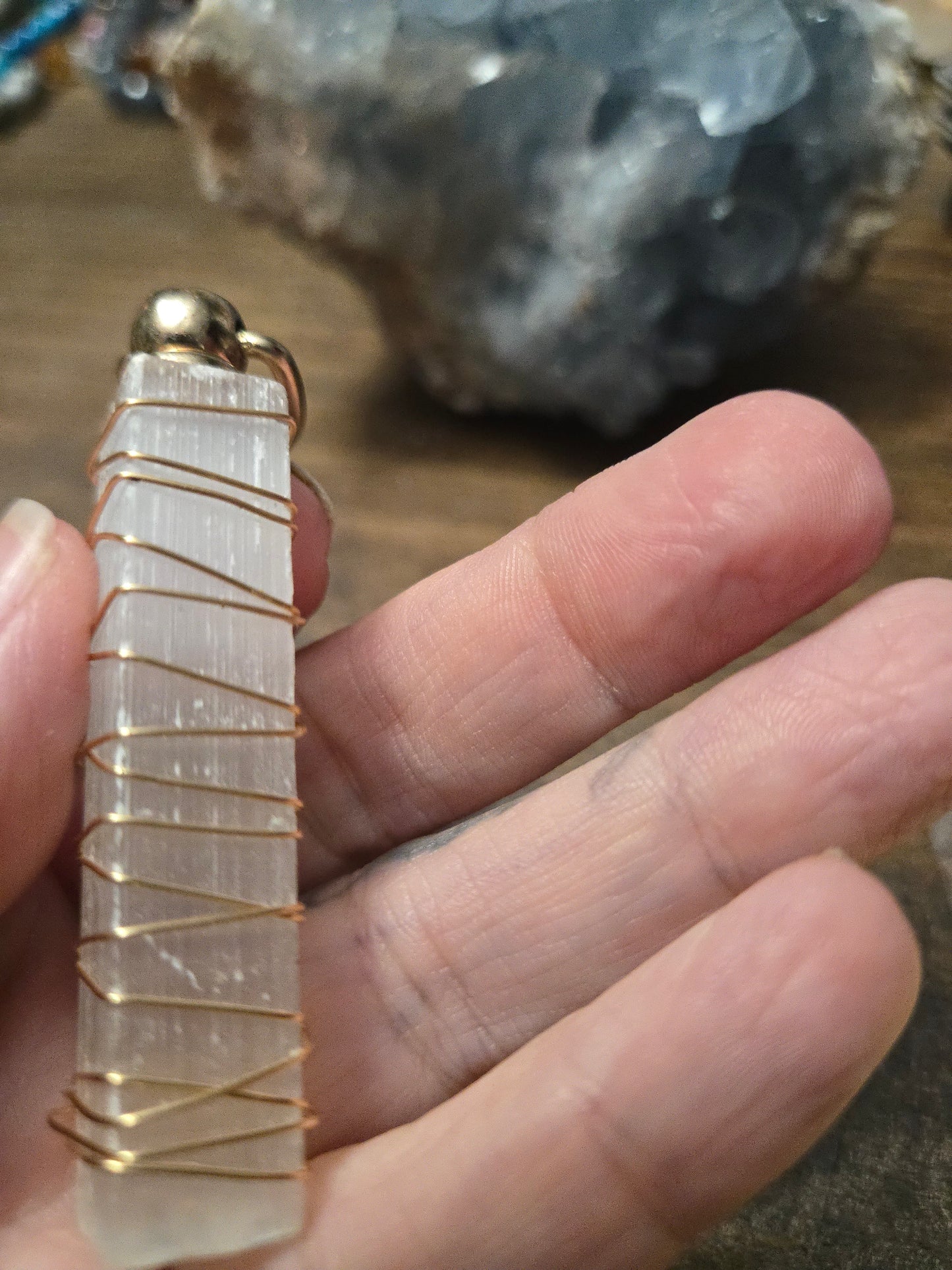 Selenite Wand Wrapped Wire and Chakra Crystal