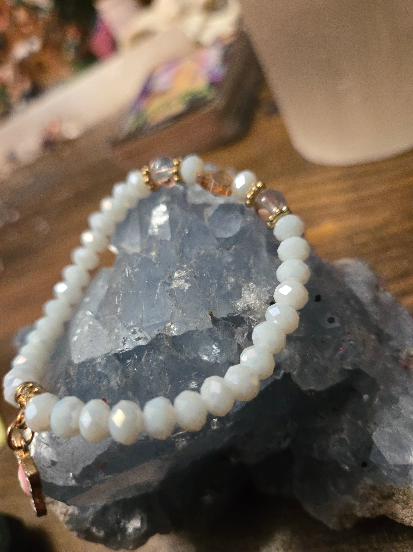 Spiritual Protection Bracelet – White Iridescent Beads with Butterfly & Evil Eye