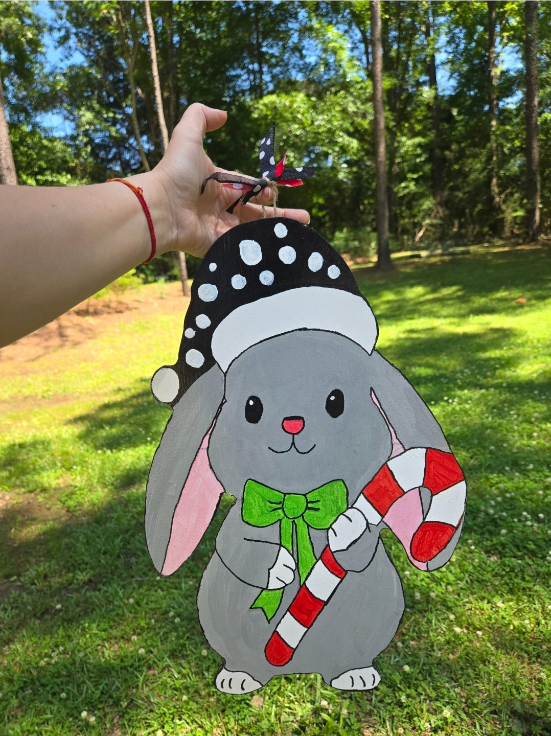 Christmas mouse holiday door hanger or wall hanging or yard stake option| handcrafted | hand painted yard home decor