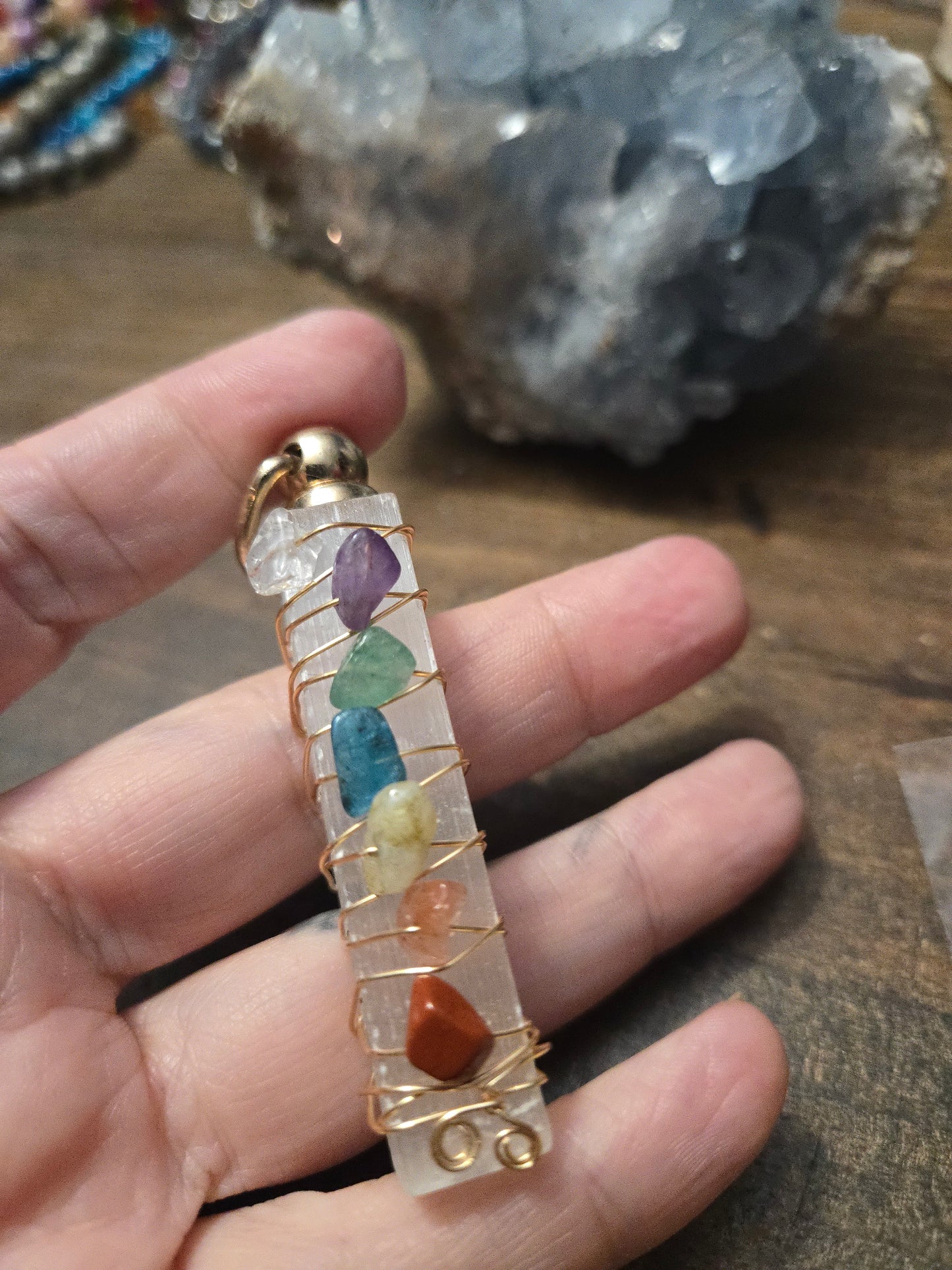 Selenite Wand Wrapped Wire and Chakra Crystal