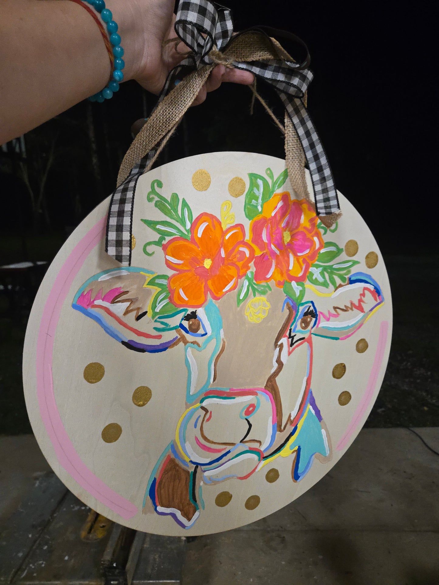 Hand painted cow door wall hanger
