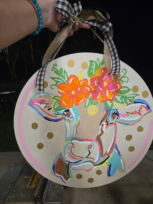 Hand painted cow door wall hanger