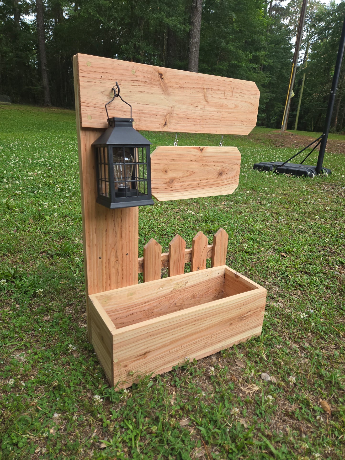 Welcome sign picket fence Planter boxes with solar lantern |handcrafted cedar wood| Wooden home garden patio porch decor