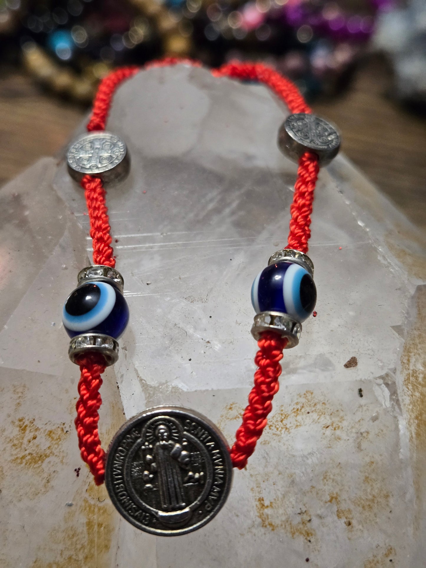 Red Adjustable Protection Bracelet – St. Benedict Charms + Blue Evil Eyes