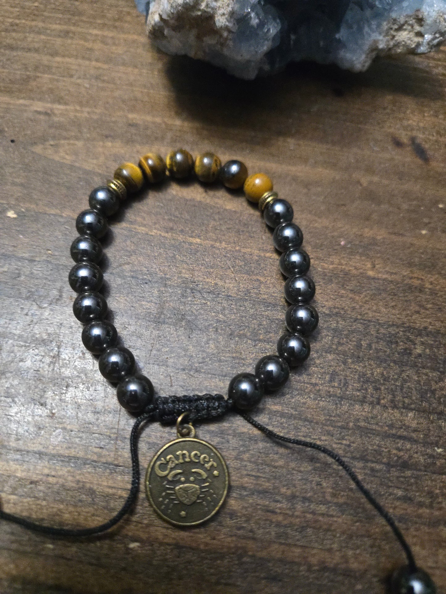 Cancer Zodiac Charm Bracelet – Hematite & Tiger’s Eye for Emotional Strength, Protection & Intuition