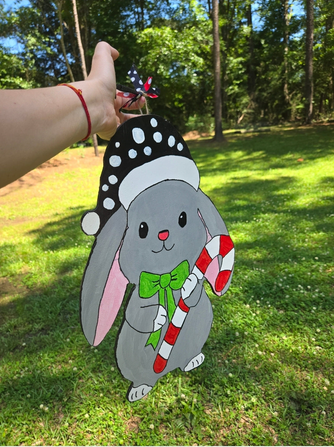 Christmas mouse holiday door hanger or wall hanging or yard stake option| handcrafted | hand painted yard home decor