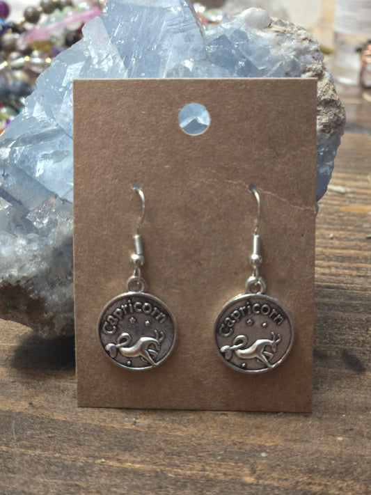 Capricorn Zodiac Charm Earrings – Silver, “Ambitious” Engraving