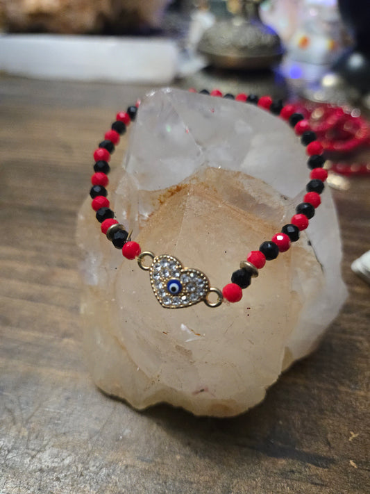 Red & Black Beaded Bracelet with Gold Heart, Rhinestones, and Evil Eye