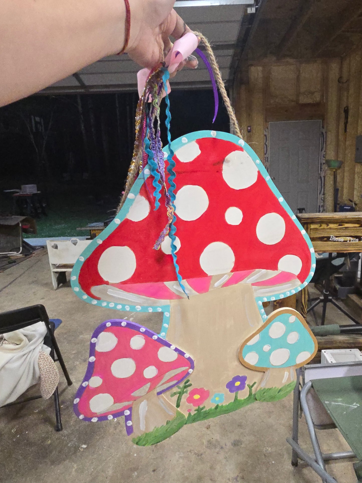 Whimsical mushroom hand painted door wall hanging
