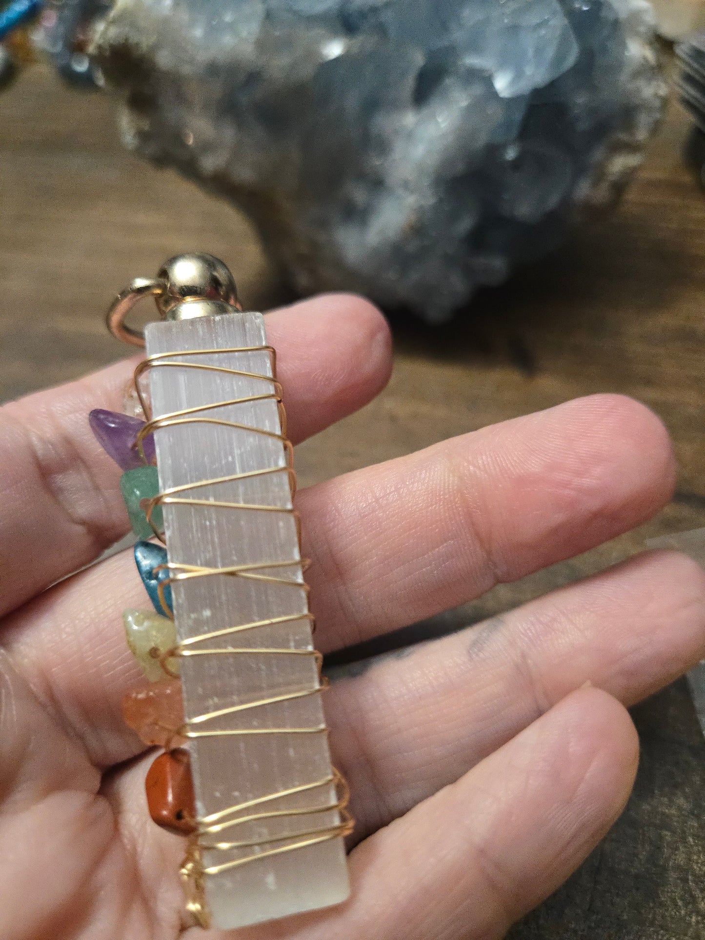 Selenite Wand Wrapped Wire and Chakra Crystal