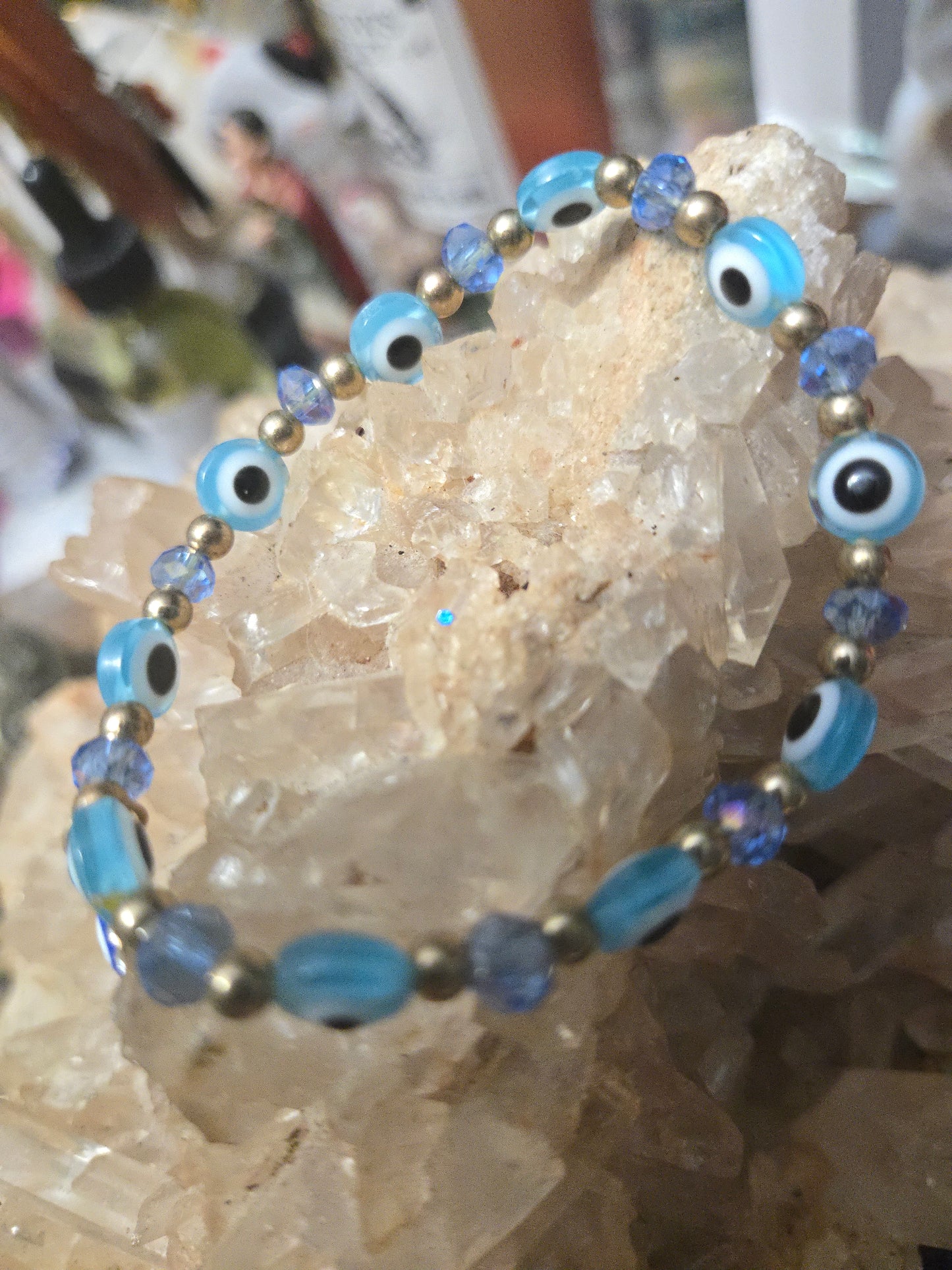 Light Blue Turquoise Evil Eye Bracelet with Gold Heart Charm – Protection & Love