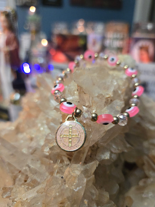 St. Benedict Medal Pink Evil Eye Bracelet – Divine Protection & Peace