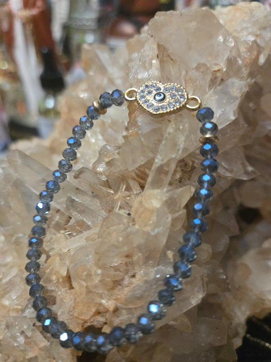 Grayish Blue Beaded Bracelet with Black Evil Eye Heart Charm | Protection Bracelet