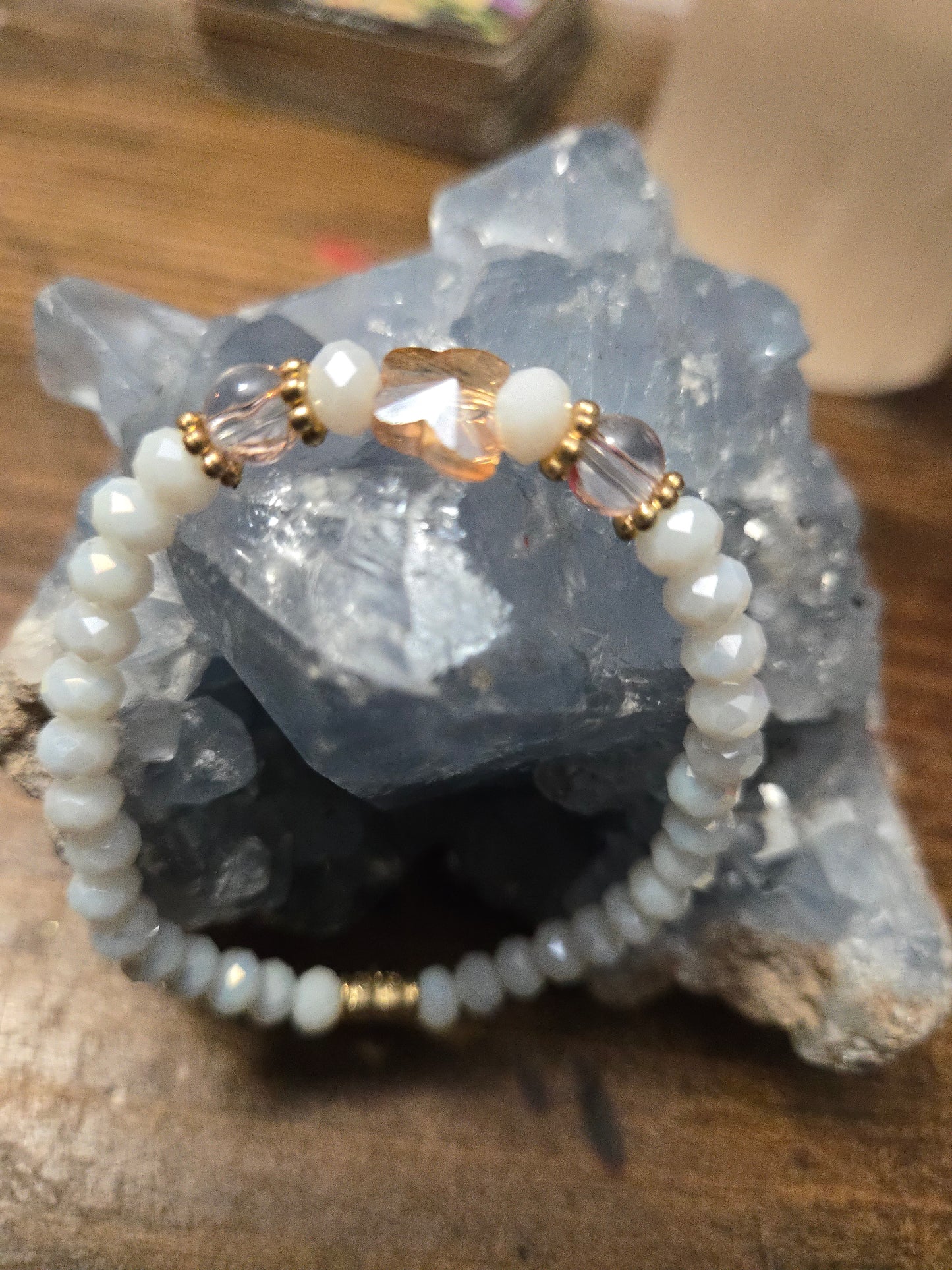 Spiritual Protection Bracelet – White Iridescent Beads with Butterfly & Evil Eye