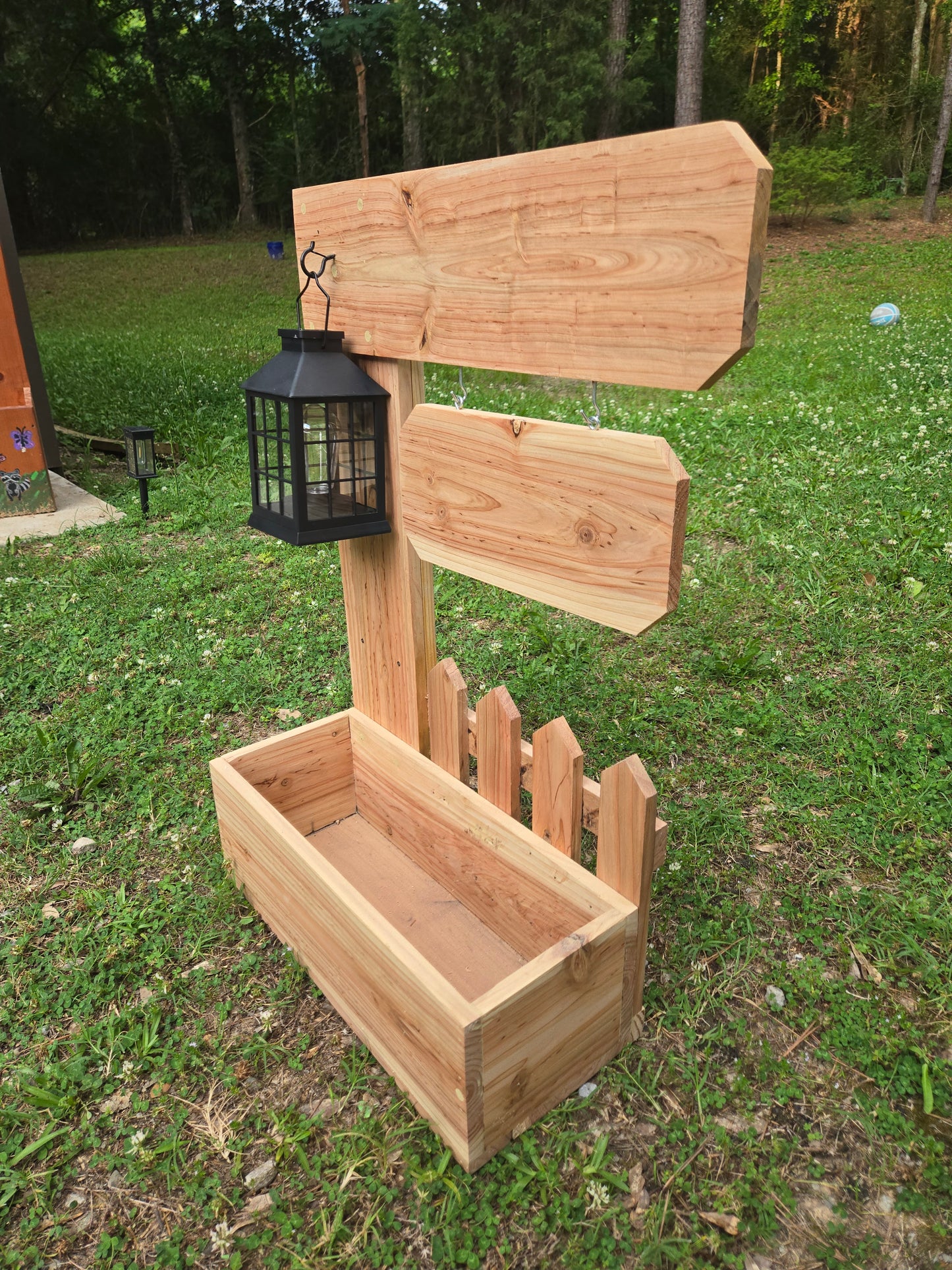 Welcome sign picket fence Planter boxes with solar lantern |handcrafted cedar wood| Wooden home garden patio porch decor