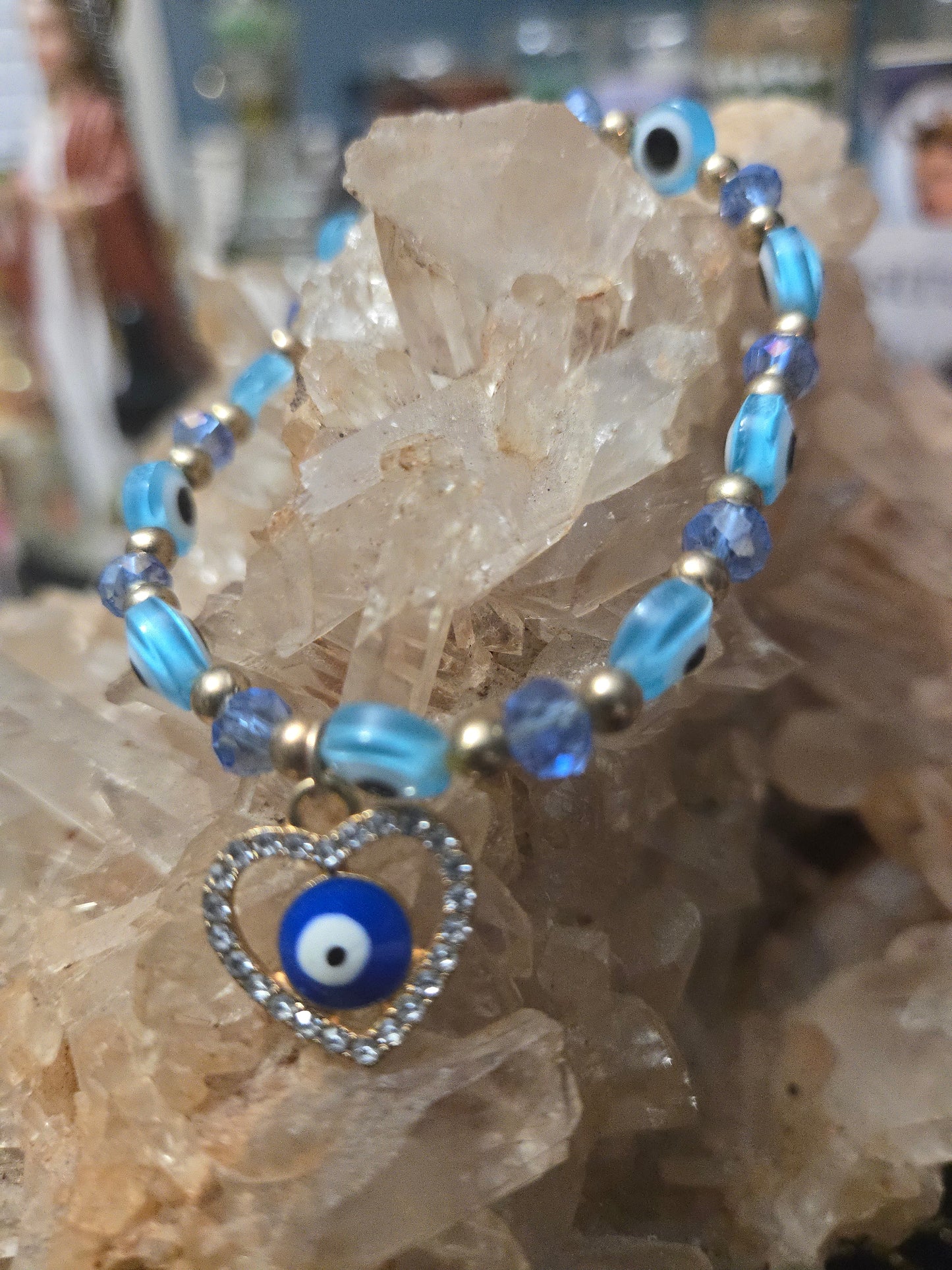 Light Blue Turquoise Evil Eye Bracelet with Gold Heart Charm – Protection & Love