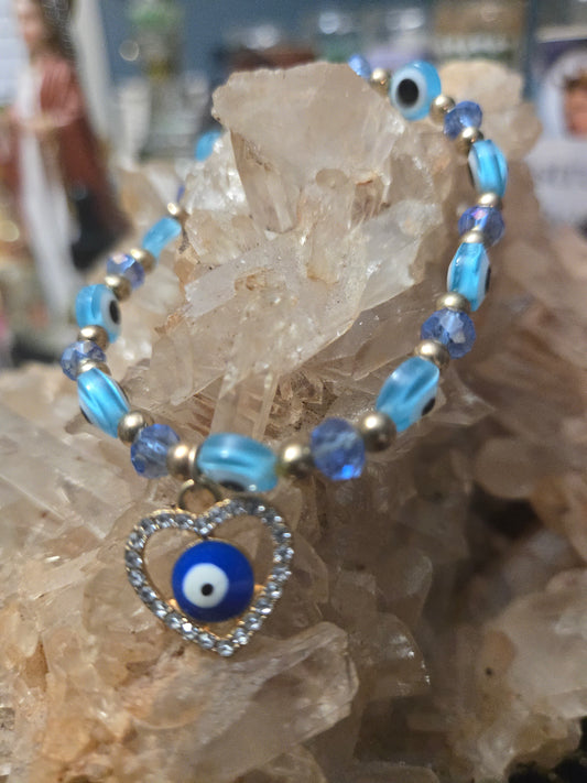 Light Blue Turquoise Evil Eye Bracelet with Gold Heart Charm – Protection & Love
