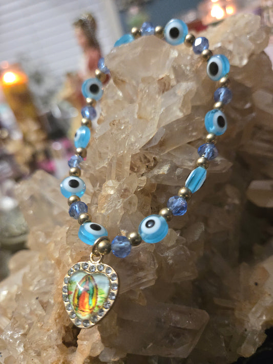✨ Blue Evil Eye Protection Bracelet with Mother Mary Charm ✨ Our Lady Of Guadalupe