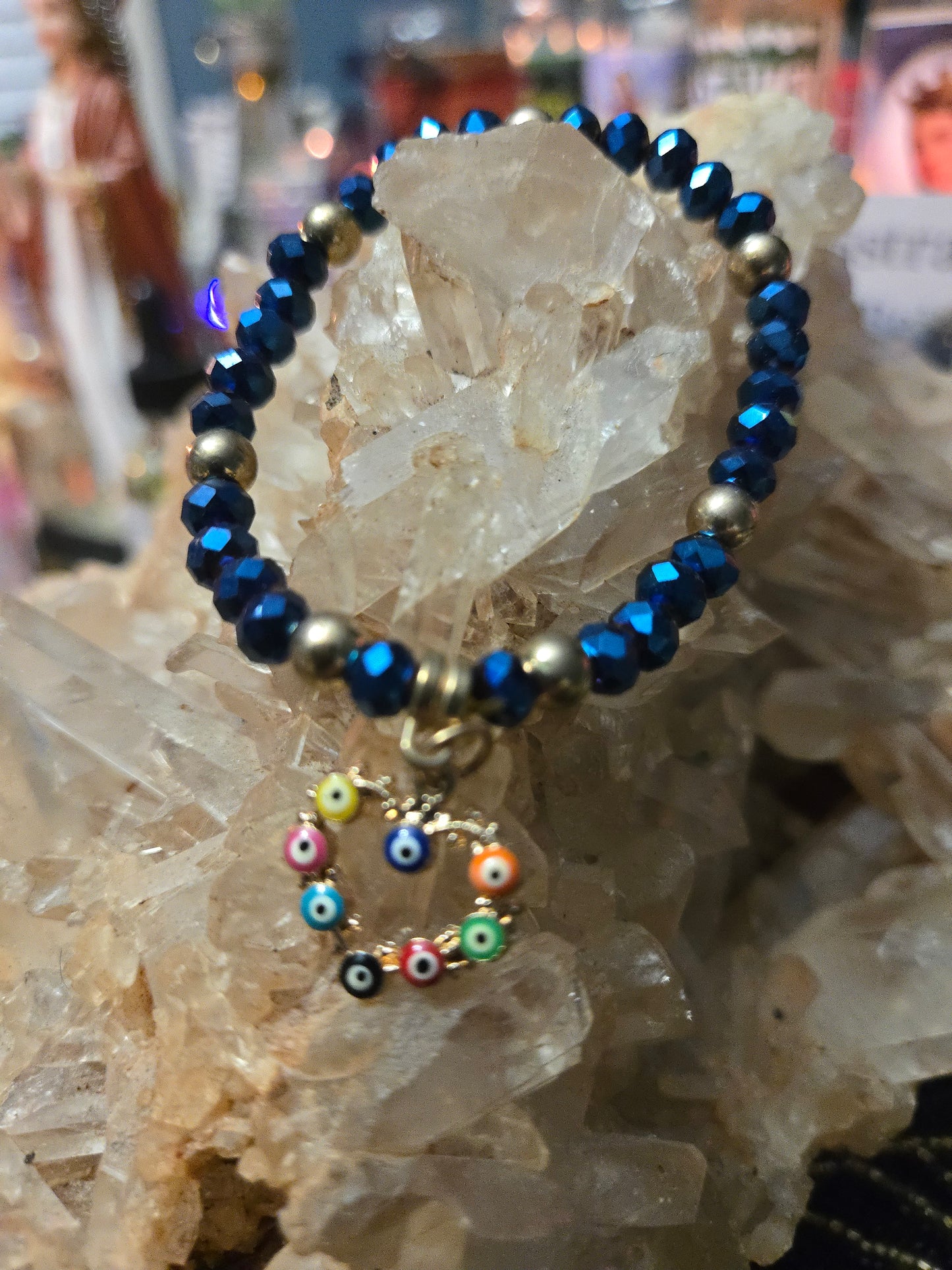 Dark Navy Blue Bracelet with Gold Heart & Multicolor Evil Eyes – Protection & Love