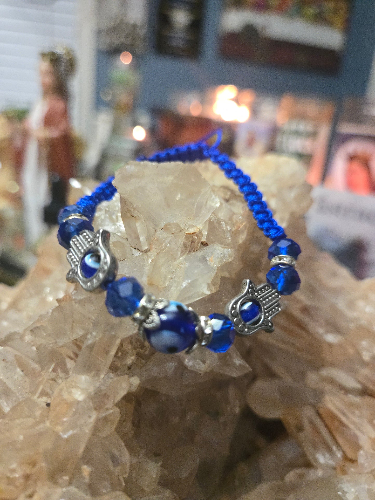 Blue Evil Eye Bracelet with Double Hamza Charms | Adjustable Drawstring Protection Bracelet