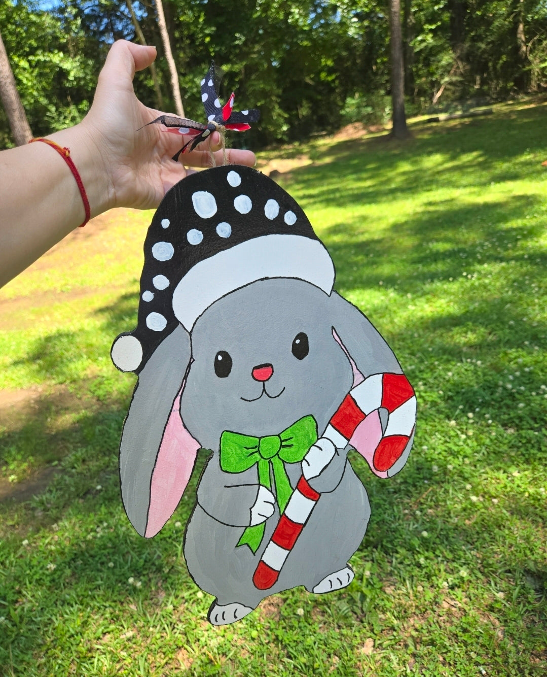 Christmas mouse holiday door hanger or wall hanging or yard stake option| handcrafted | hand painted yard home decor