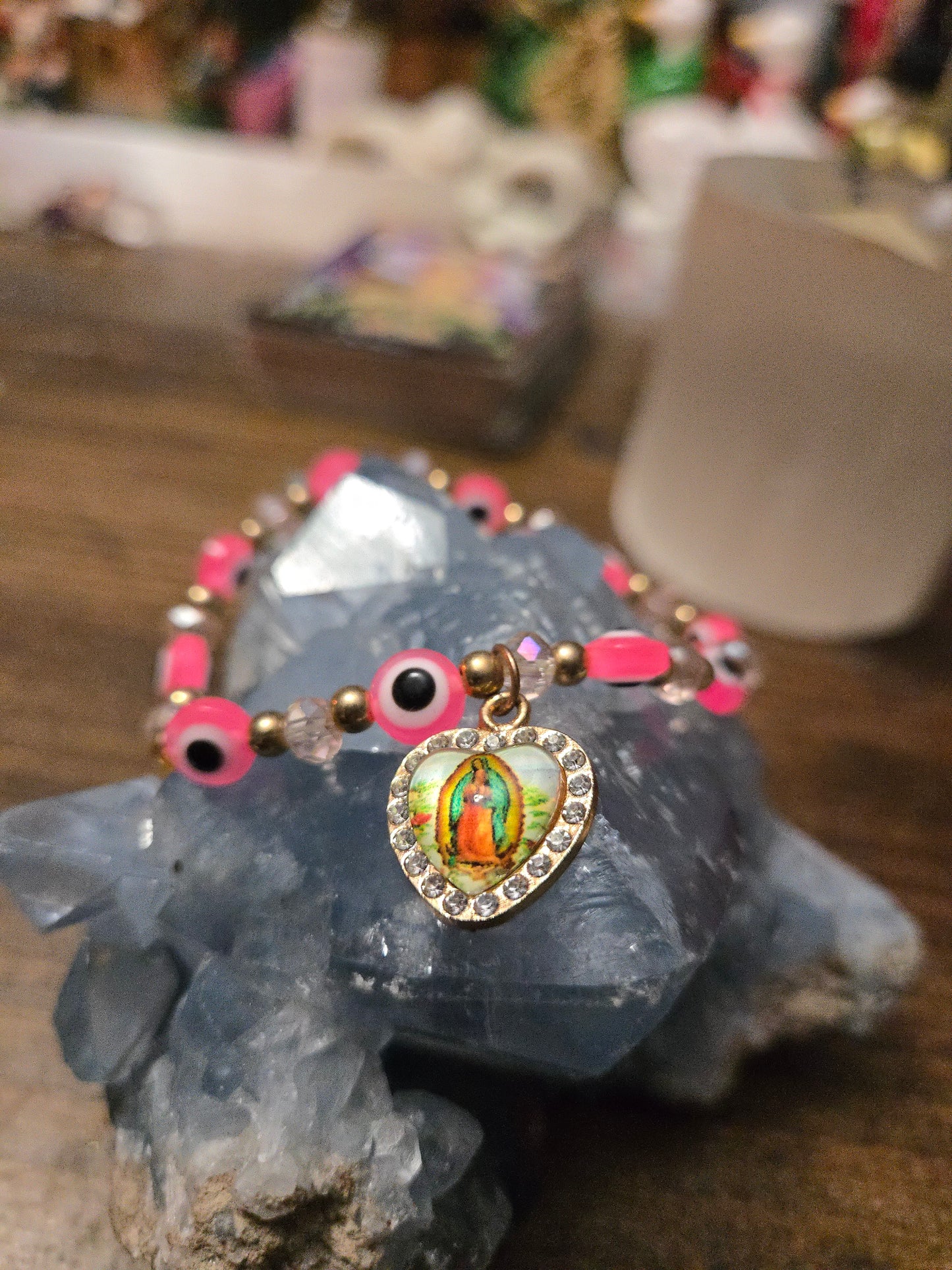 Protective Spiritual Bracelet – Pink Evil Eye & Mother Mary Heart Charm