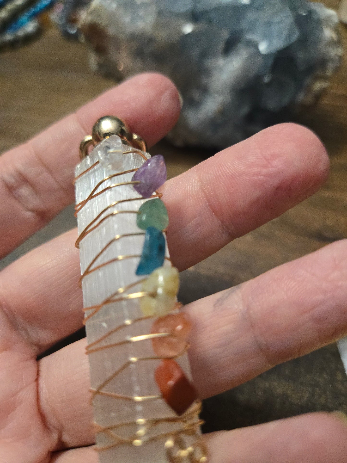 Selenite Wand Wrapped Wire and Chakra Crystal
